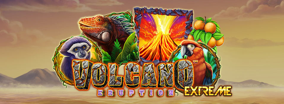Volcano Eruption Slot Logo vor einer wüstenartigen Landschaft